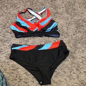 SHEIN Black Bikini Set with Red & Aqua Stripes